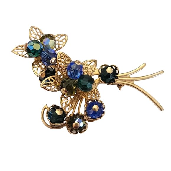 Gold Tone Blue Aurora Borealis Filigree Flower Bunch Brooch K550 - Picture 4 of 8